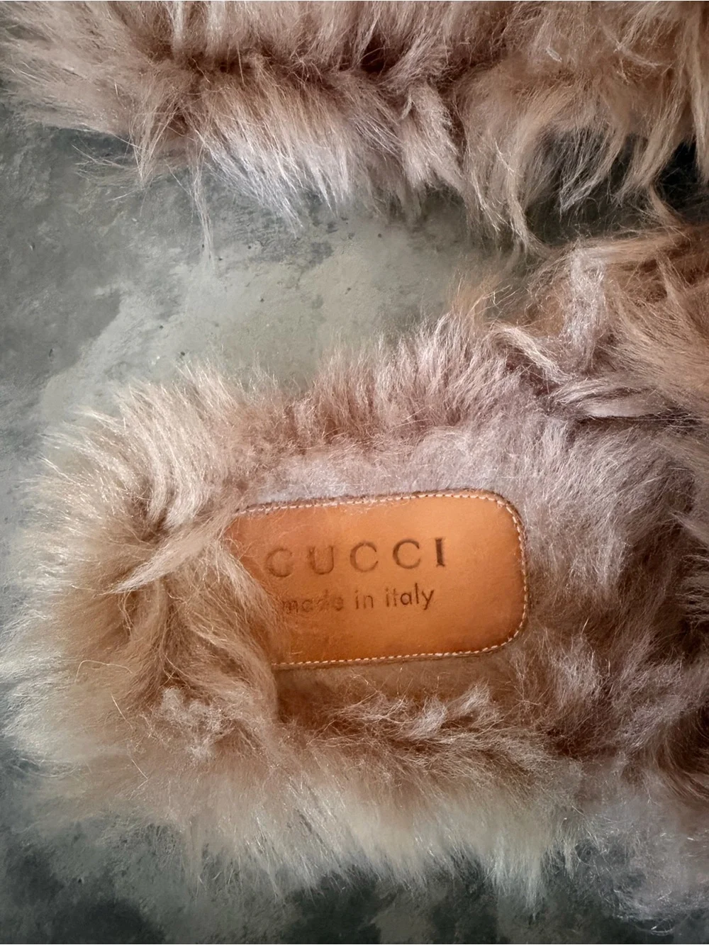 Gucci Shearling Slippers in Taupe Fur with Tan Leather Patch